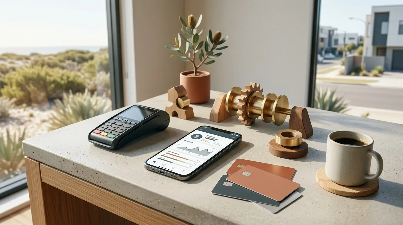 Editorial illustration representing an Australian casino review with a phone, AUD payment cues and abstract reel shapes