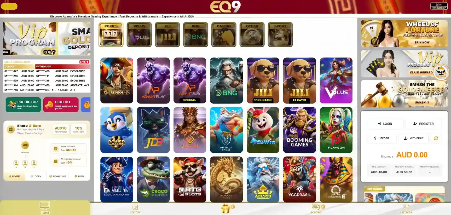 Current EQ9AU homepage and Australia-targeted casino interface